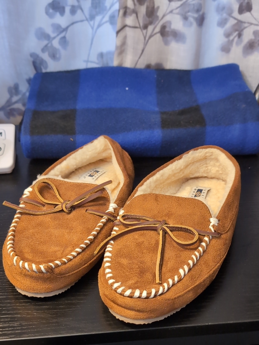 Joseph Abboud Brown Suede Moccasin Slippers with Bow